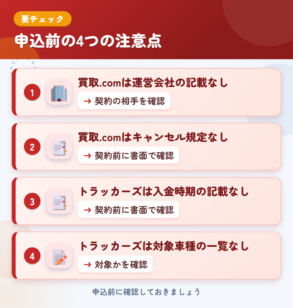 トラック買取.comとトラッカーズの申込前の注意点4つ。買取.comは運営会社の記載なし、買取.comはキャンセル規定なし、トラッカーズは入金時期の記載なし、トラッカーズは対象車種の一覧なし