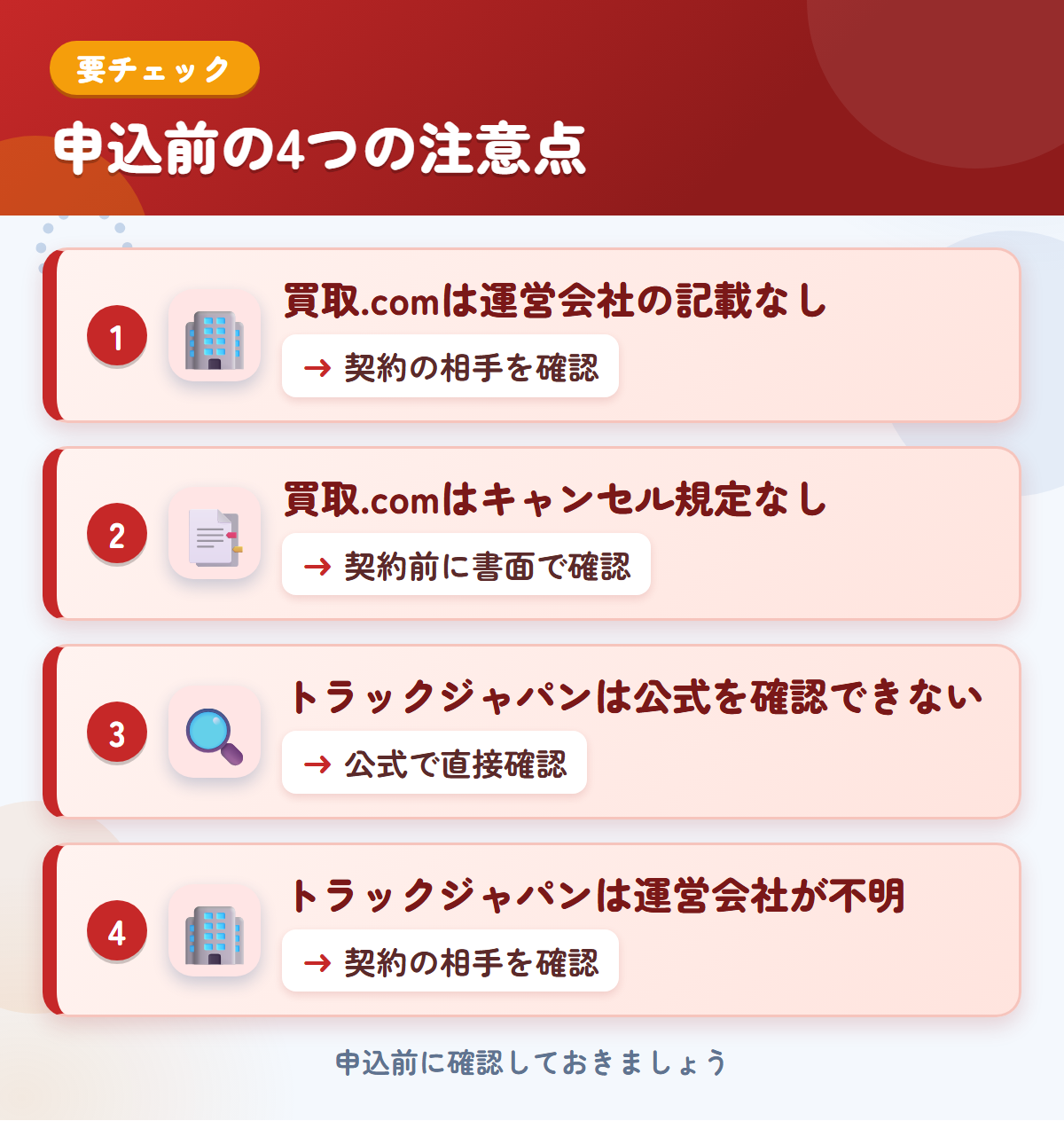 トラック買取.comとトラックジャパンの申込前の注意点4つ。買取.comは運営会社の記載なし、買取.comはキャンセル規定なし、トラックジャパンは公式を確認できない、トラックジャパンは運営会社が不明