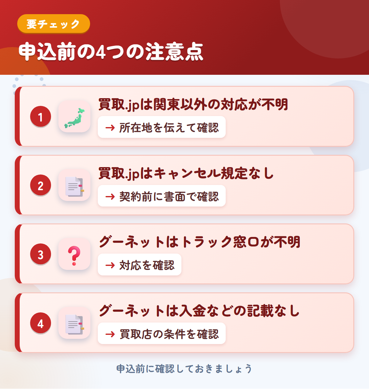 買取.jpとグーネットの申込前の注意点4つ。買取.jpは関東以外の対応が不明、買取.jpはキャンセル規定なし、グーネットはトラック窓口が不明、グーネットは入金などの記載なし