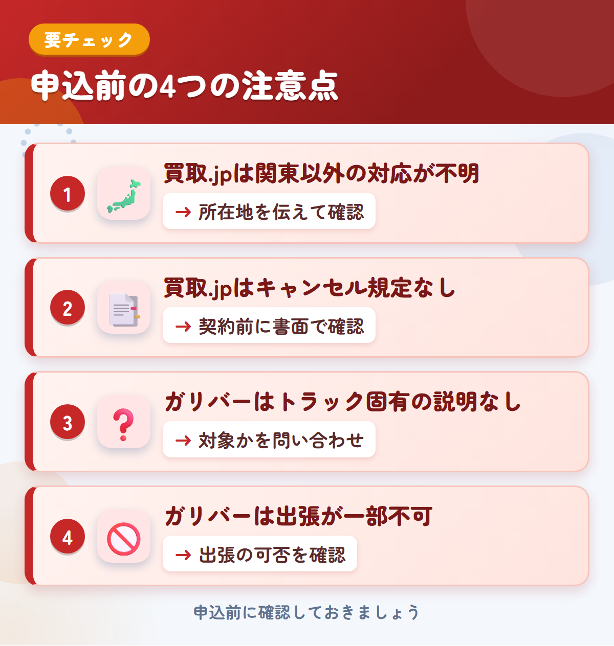 買取.jpとガリバーの申込前の注意点4つ。買取.jpは関東以外の対応が不明、買取.jpはキャンセル規定なし、ガリバーはトラック固有の説明なし、ガリバーは出張が一部不可