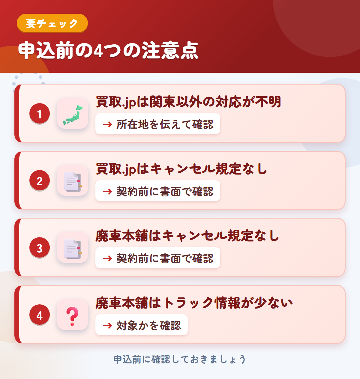 買取.jpと廃車本舗の申込前の注意点4つ。買取.jpは関東以外の対応が不明、買取.jpはキャンセル規定なし、廃車本舗はキャンセル規定なし、廃車本舗はトラック情報が少ない