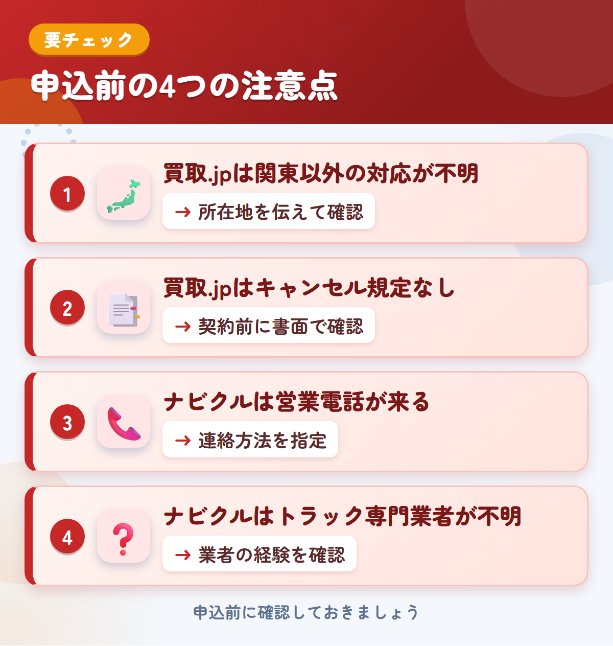 買取.jpとナビクルの申込前の注意点4つ。買取.jpは関東以外の対応が不明、買取.jpはキャンセル規定なし、ナビクルは営業電話が来る、ナビクルはトラック専門業者が不明
