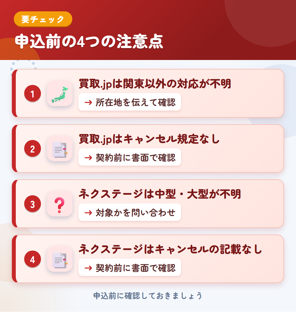 買取.jpとネクステージの申込前の注意点4つ。買取.jpは関東以外の対応が不明、買取.jpはキャンセル規定なし、ネクステージは中型・大型が不明、ネクステージはキャンセルの記載なし