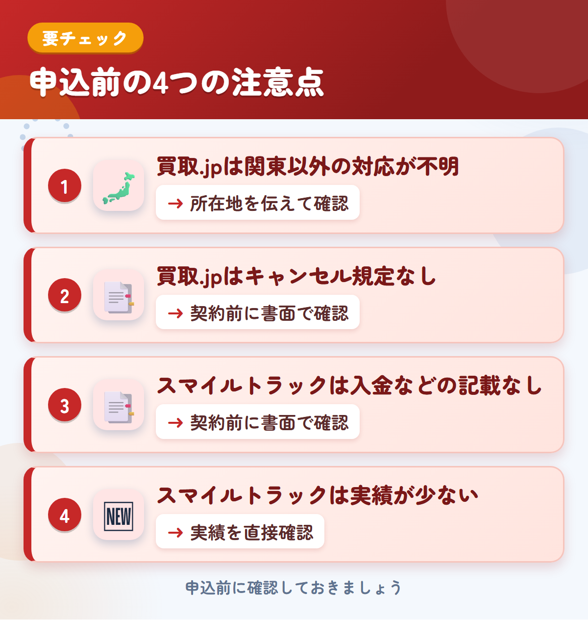 買取.jpとスマイルトラックの申込前の注意点4つ。買取.jpは関東以外の対応が不明、買取.jpはキャンセル規定なし、スマイルトラックは入金などの記載なし、スマイルトラックは実績が少ない
