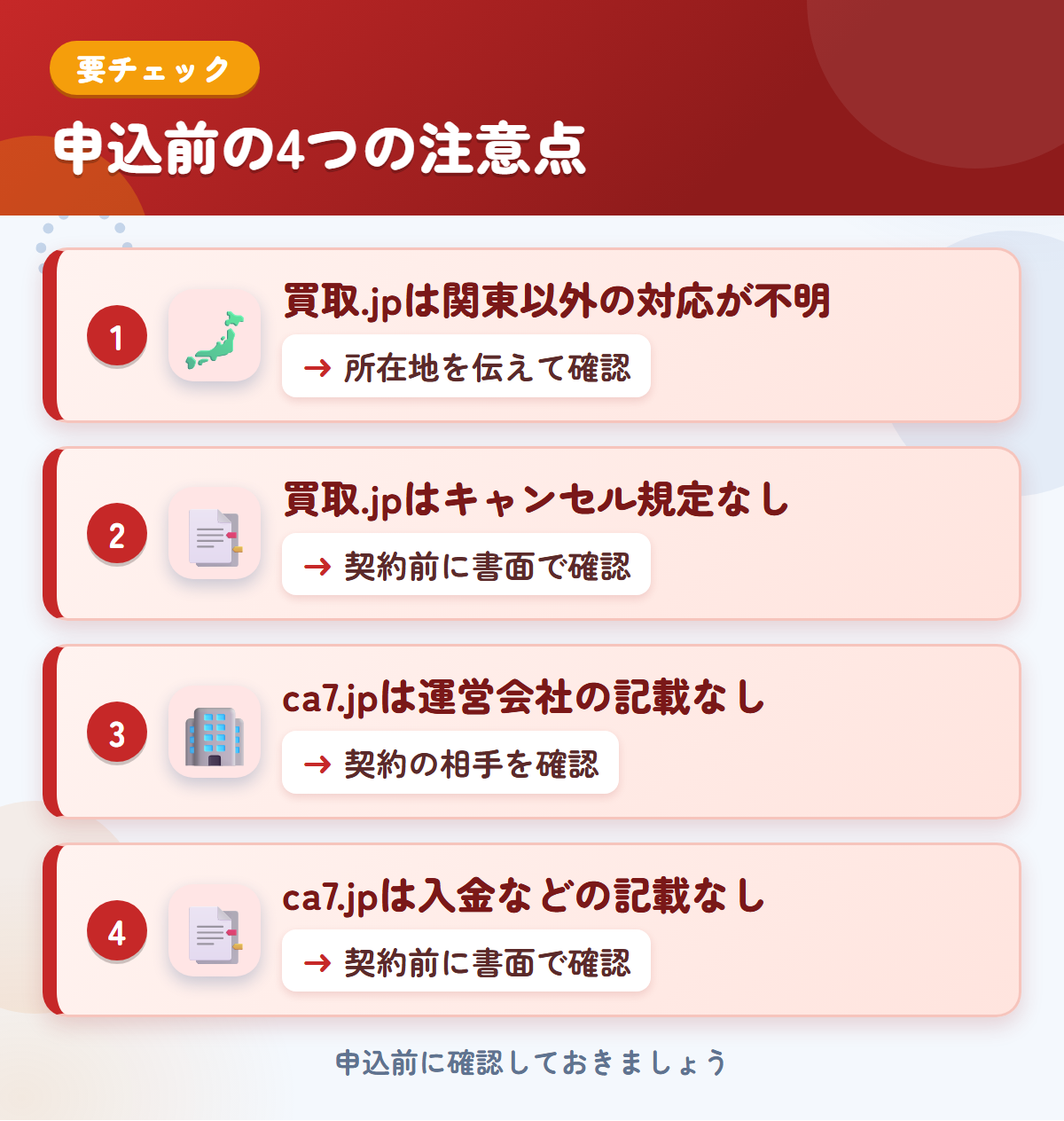 買取.jpとca7.jpの申込前の注意点4つ。買取.jpは関東以外の対応が不明、買取.jpはキャンセル規定なし、ca7.jpは運営会社の記載なし、ca7.jpは入金などの記載なし