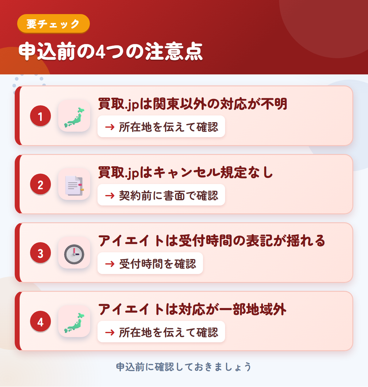 買取.jpとアイエイトの申込前の注意点4つ。買取.jpは関東以外の対応が不明、買取.jpはキャンセル規定なし、アイエイトは受付時間の表記が揺れる、アイエイトは対応が一部地域外