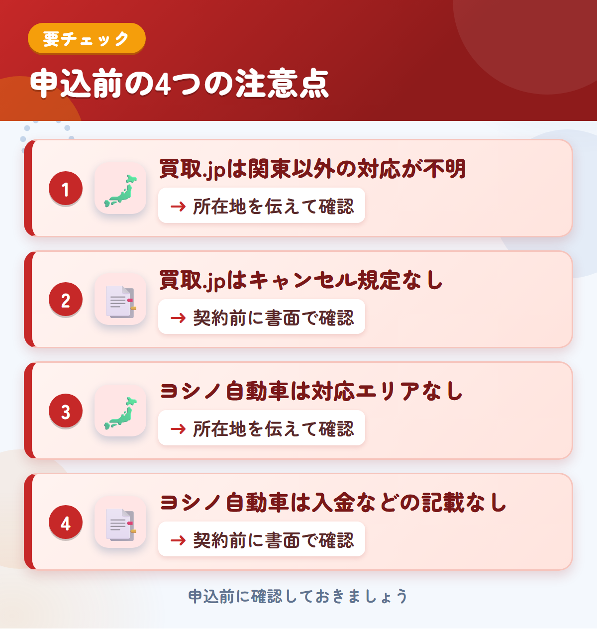 買取.jpとヨシノ自動車の申込前の注意点4つ。買取.jpは関東以外の対応が不明、買取.jpはキャンセル規定なし、ヨシノ自動車は対応エリアなし、ヨシノ自動車は入金などの記載なし