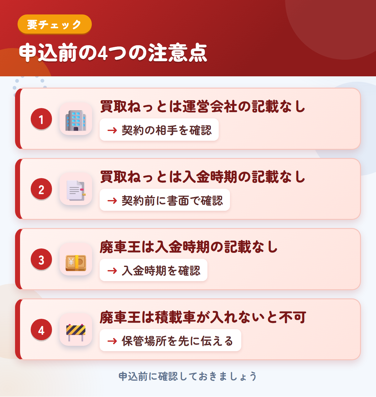 買取ねっとと廃車王の申込前の注意点4つ。買取ねっとは運営会社の記載なし、買取ねっとは入金時期の記載なし、廃車王は入金時期の記載なし、廃車王は積載車が入れないと不可