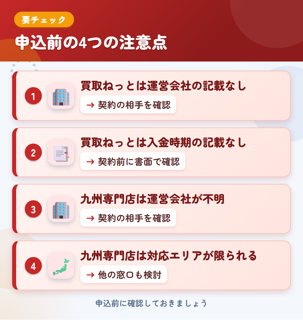 買取ねっとと九州専門店の申込前の注意点4つ。買取ねっとは運営会社の記載なし、買取ねっとは入金時期の記載なし、九州専門店は運営会社が不明、九州専門店は対応エリアが限られる