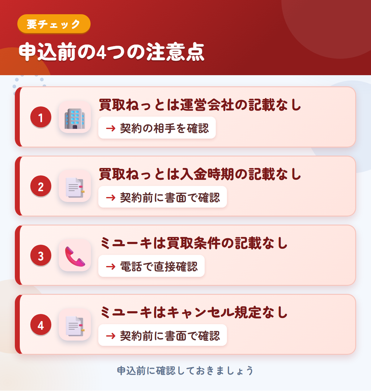 買取ねっととミユーキの申込前の注意点4つ。買取ねっとは運営会社の記載なし、買取ねっとは入金時期の記載なし、ミユーキは買取条件の記載なし、ミユーキはキャンセル規定なし