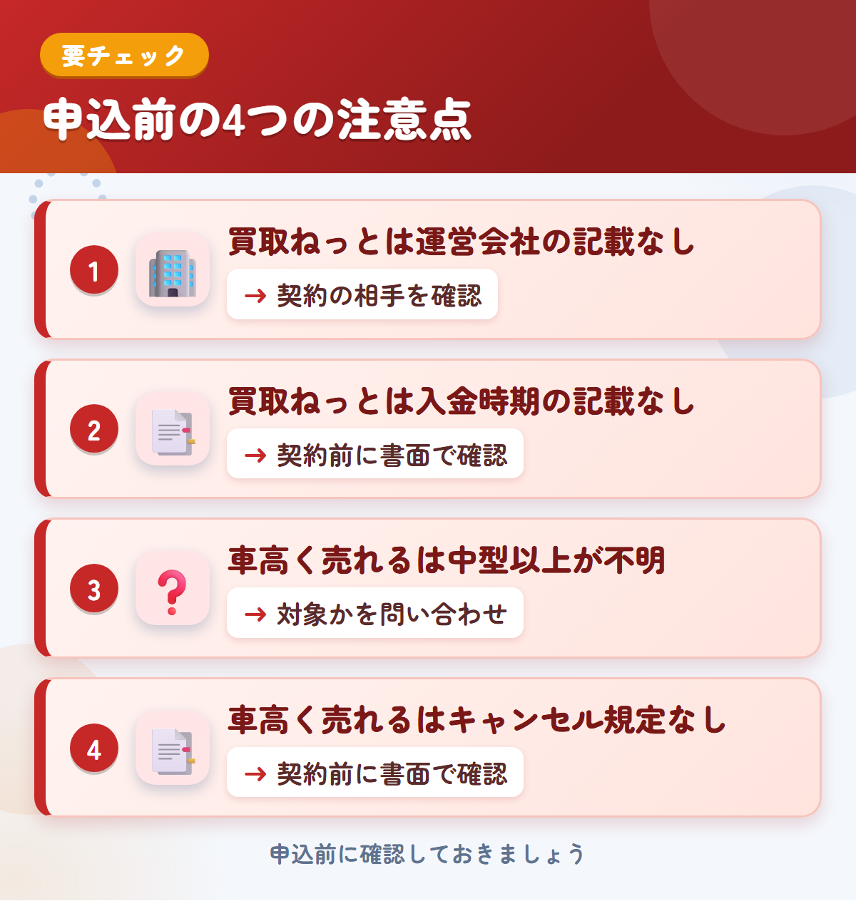 買取ねっとと車高く売れるの申込前の注意点4つ。買取ねっとは運営会社の記載なし、買取ねっとは入金時期の記載なし、車高く売れるは中型以上が不明、車高く売れるはキャンセル規定なし