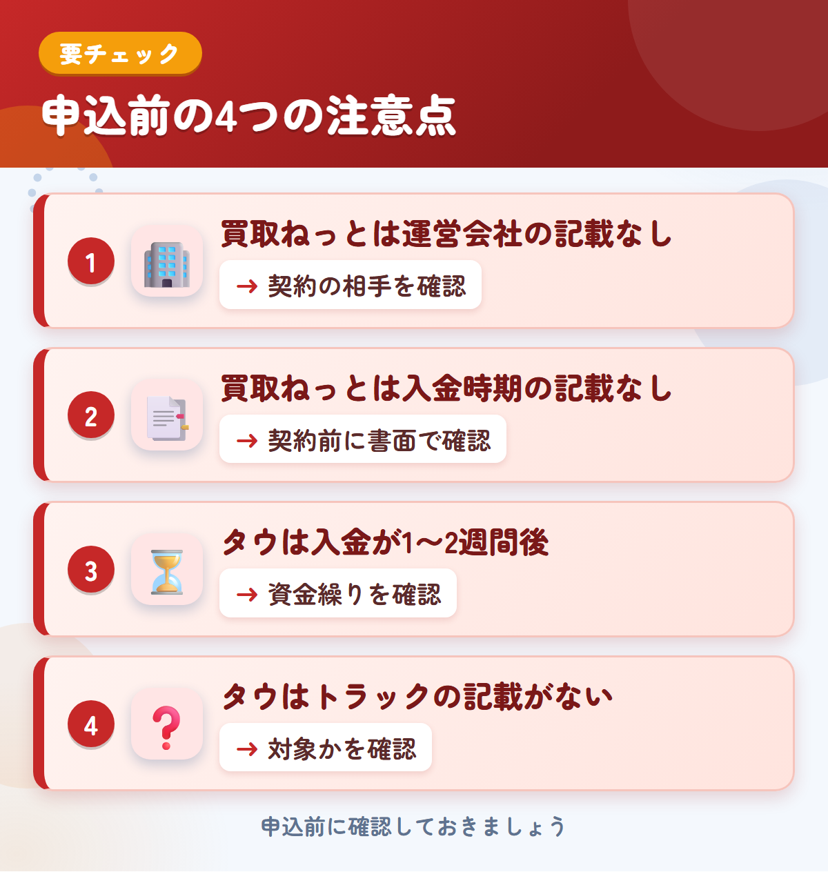 買取ねっととタウの申込前の注意点4つ。買取ねっとは運営会社の記載なし、買取ねっとは入金時期の記載なし、タウは入金が1〜2週間後、タウはトラックの記載がない