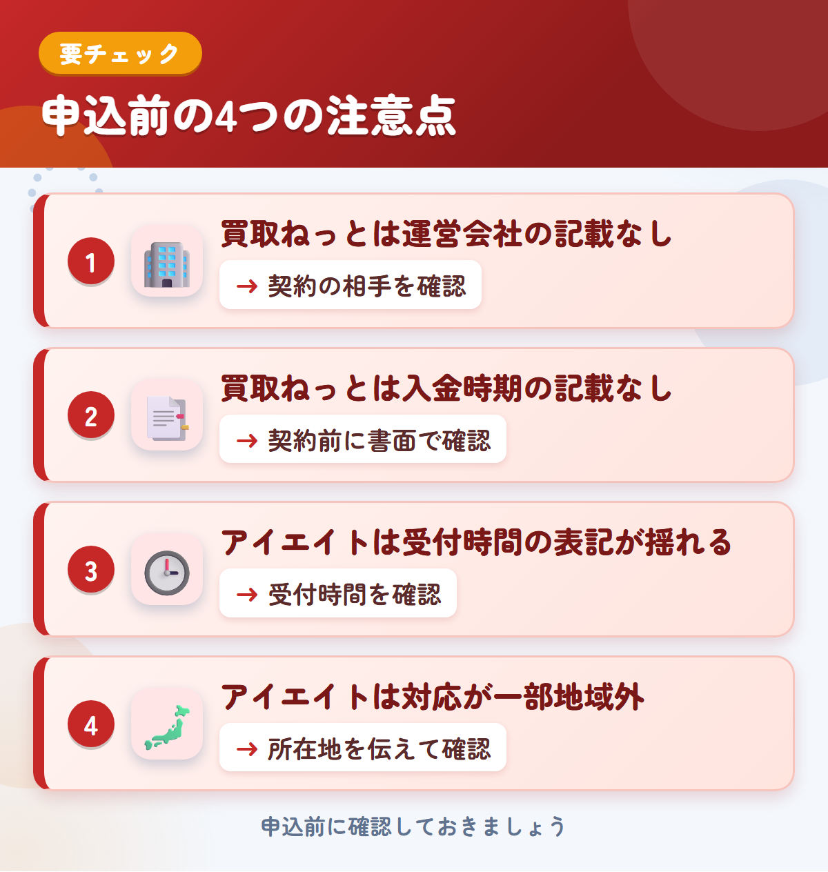 買取ねっととアイエイトの申込前の注意点4つ。買取ねっとは運営会社の記載なし、買取ねっとは入金時期の記載なし、アイエイトは受付時間の表記が揺れる、アイエイトは対応が一部地域外