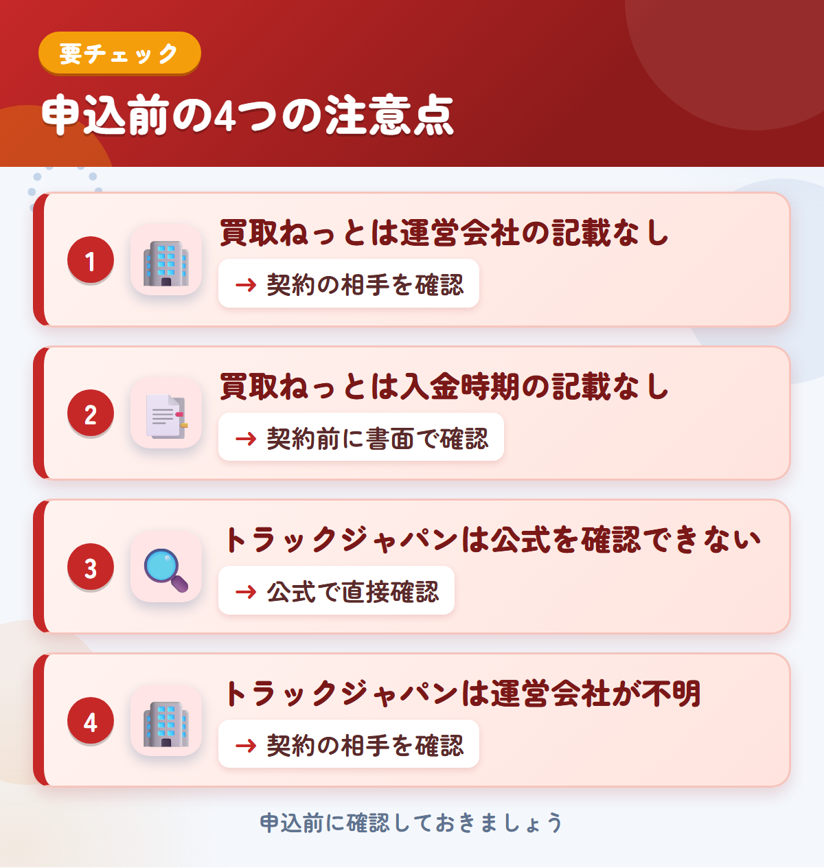 買取ねっととトラックジャパンの申込前の注意点4つ。買取ねっとは運営会社の記載なし、買取ねっとは入金時期の記載なし、トラックジャパンは公式を確認できない、トラックジャパンは運営会社が不明