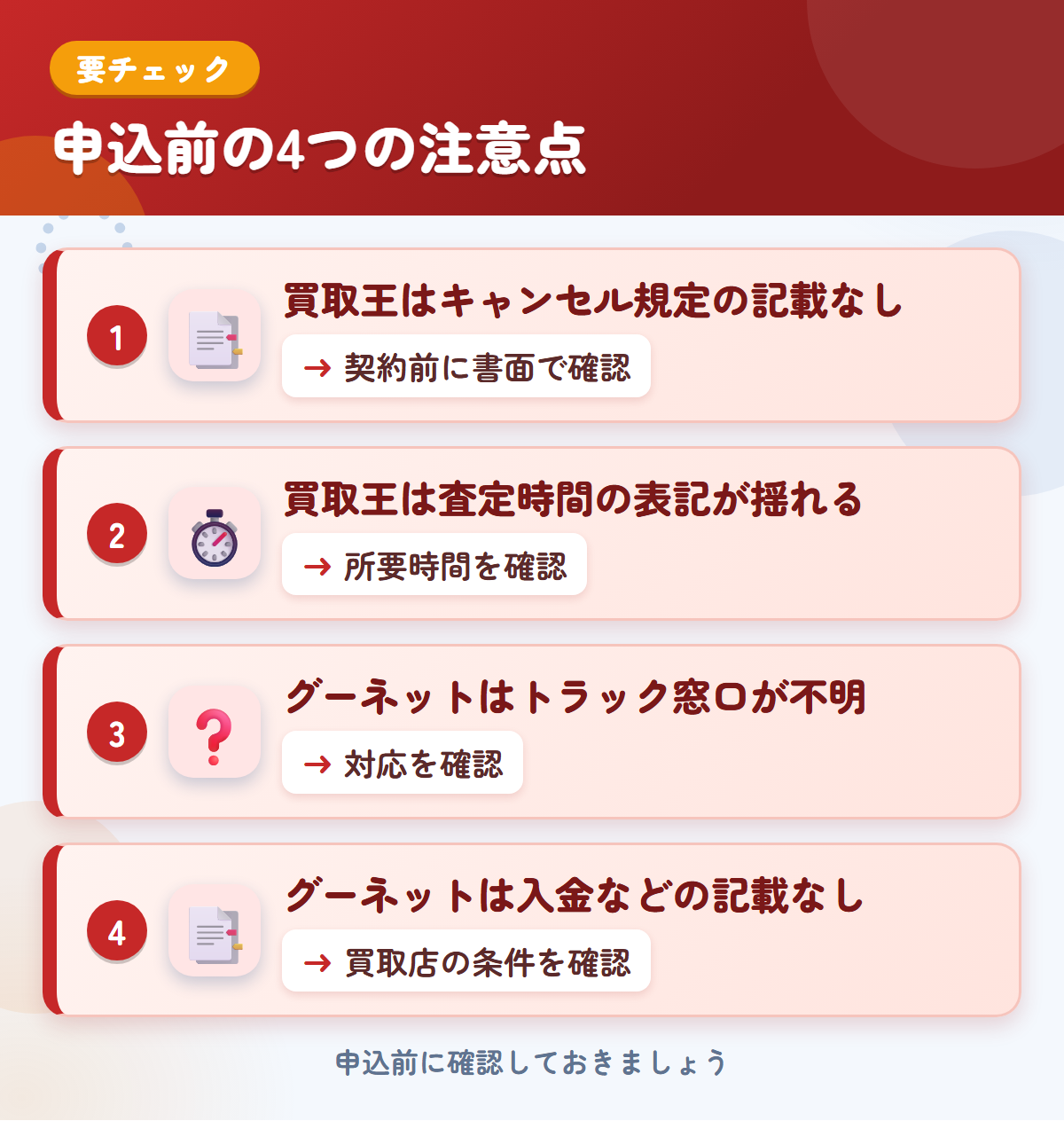 買取王とグーネットの申込前の注意点4つ。買取王はキャンセル規定の記載なし、買取王は査定時間の表記が揺れる、グーネットはトラック窓口が不明、グーネットは入金などの記載なし