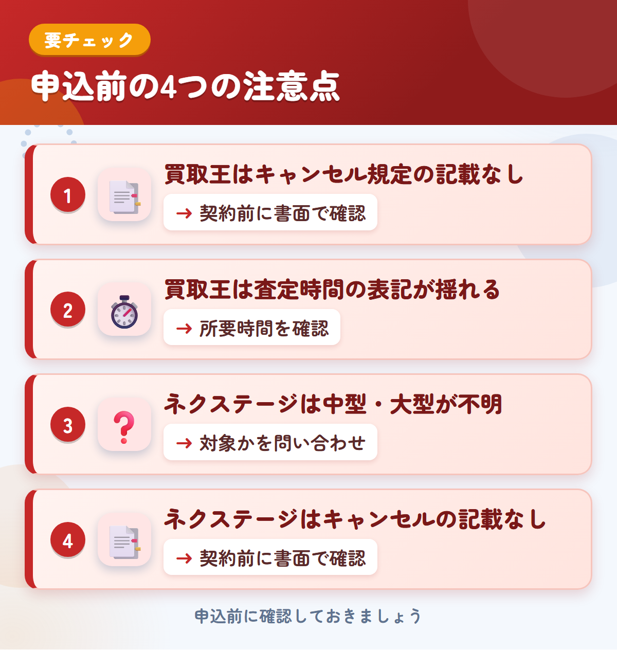 買取王とネクステージの申込前の注意点4つ。買取王はキャンセル規定の記載なし、買取王は査定時間の表記が揺れる、ネクステージは中型・大型が不明、ネクステージはキャンセルの記載なし