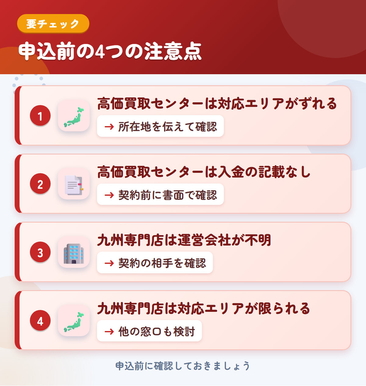 高価買取センターと九州専門店の申込前の注意点4つ。高価買取センターは対応エリアがずれる、高価買取センターは入金の記載なし、九州専門店は運営会社が不明、九州専門店は対応エリアが限られる
