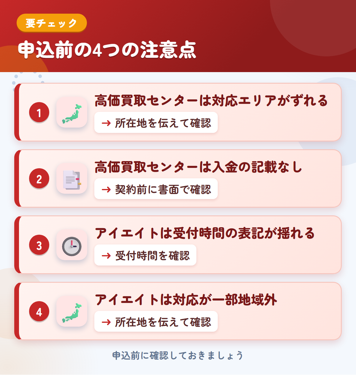 高価買取センターとアイエイトの申込前の注意点4つ。高価買取センターは対応エリアがずれる、高価買取センターは入金の記載なし、アイエイトは受付時間の表記が揺れる、アイエイトは対応が一部地域外