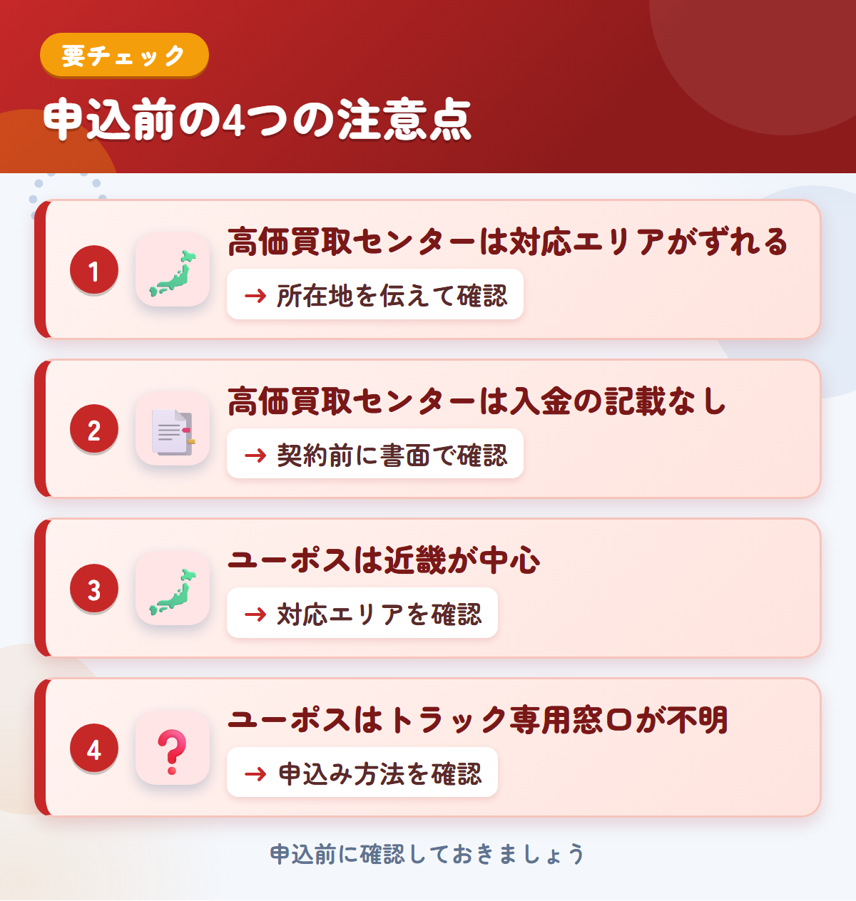 高価買取センターとユーポスの申込前の注意点4つ。高価買取センターは対応エリアがずれる、高価買取センターは入金の記載なし、ユーポスは近畿が中心、ユーポスはトラック専用窓口が不明