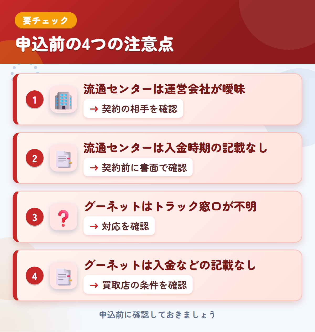 流通センターとグーネットの申込前の注意点4つ。流通センターは運営会社が曖昧、流通センターは入金時期の記載なし、グーネットはトラック窓口が不明、グーネットは入金などの記載なし