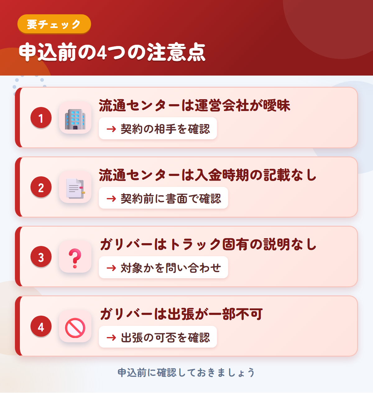 流通センターとガリバーの申込前の注意点4つ。流通センターは運営会社が曖昧、流通センターは入金時期の記載なし、ガリバーはトラック固有の説明なし、ガリバーは出張が一部不可