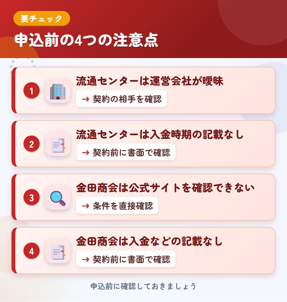 流通センターと金田商会の申込前の注意点4つ。流通センターは運営会社が曖昧、流通センターは入金時期の記載なし、金田商会は公式サイトを確認できない、金田商会は入金などの記載なし