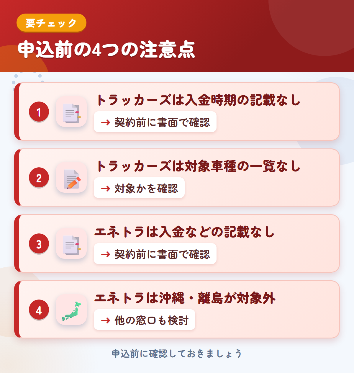 トラッカーズとエネトラの申込前の注意点4つ。トラッカーズは入金時期の記載なし、トラッカーズは対象車種の一覧なし、エネトラは入金などの記載なし、エネトラは沖縄・離島が対象外