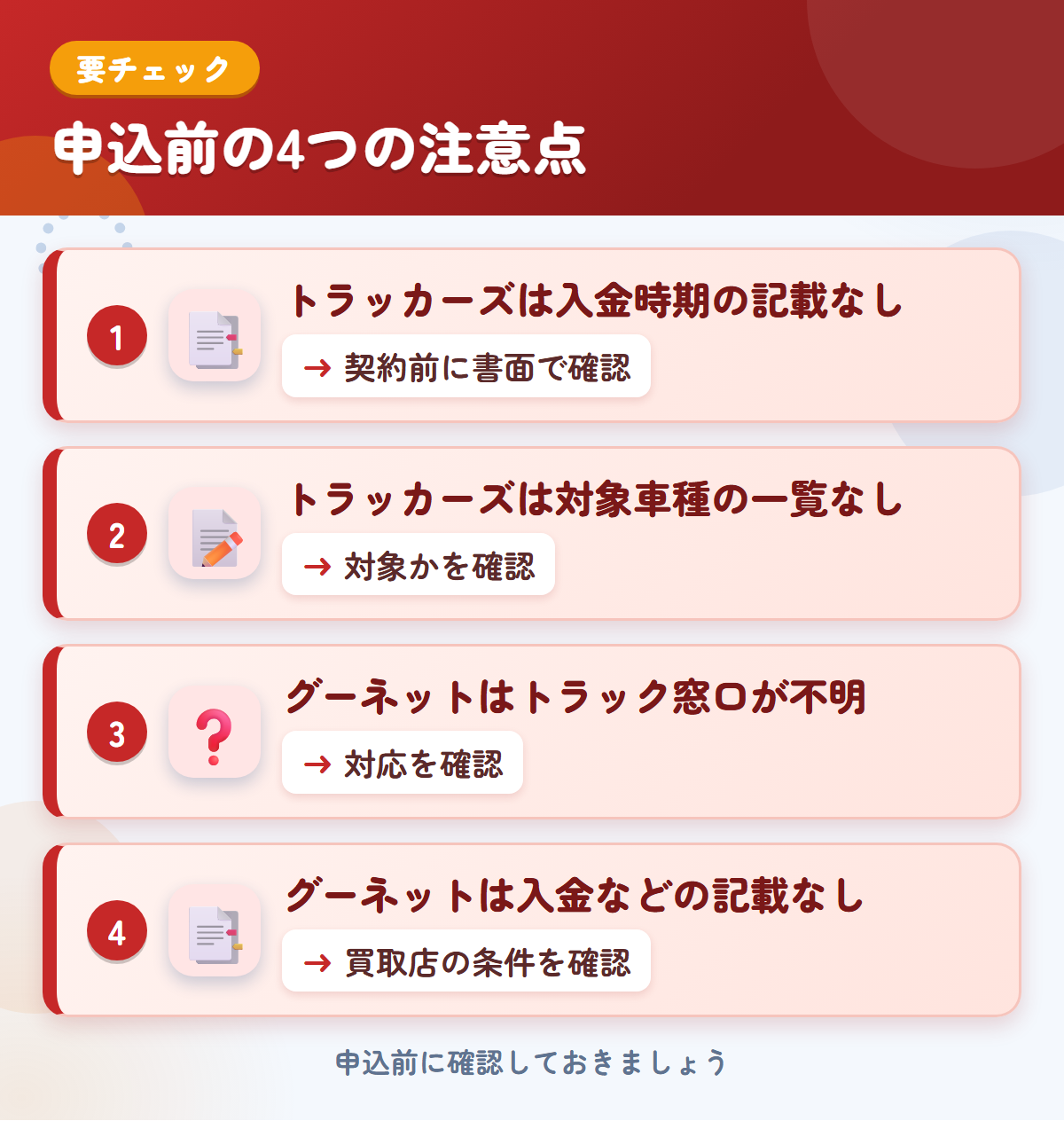 トラッカーズとグーネットの申込前の注意点4つ。トラッカーズは入金時期の記載なし、トラッカーズは対象車種の一覧なし、グーネットはトラック窓口が不明、グーネットは入金などの記載なし