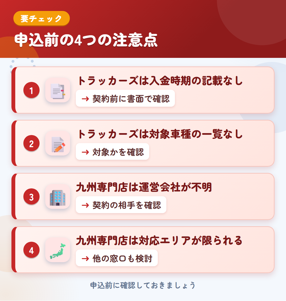 トラッカーズと九州専門店の申込前の注意点4つ。トラッカーズは入金時期の記載なし、トラッカーズは対象車種の一覧なし、九州専門店は運営会社が不明、九州専門店は対応エリアが限られる