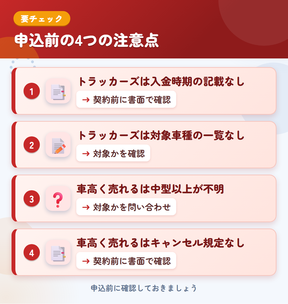 トラッカーズと車高く売れるの申込前の注意点4つ。トラッカーズは入金時期の記載なし、トラッカーズは対象車種の一覧なし、車高く売れるは中型以上が不明、車高く売れるはキャンセル規定なし