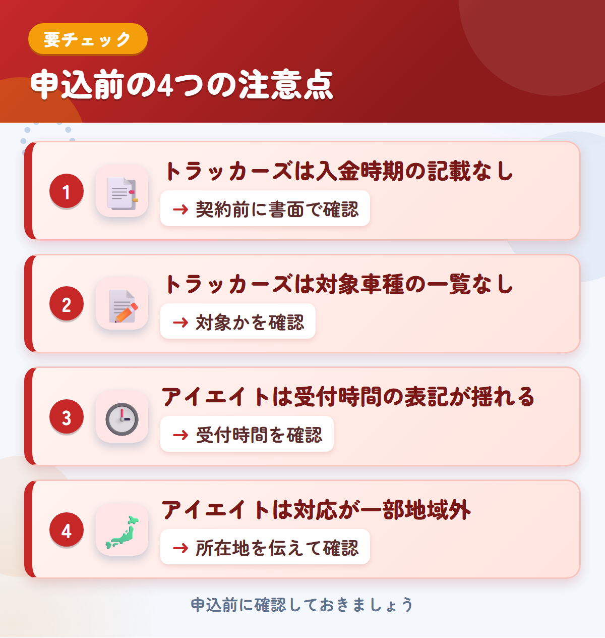 トラッカーズとアイエイトの申込前の注意点4つ。トラッカーズは入金時期の記載なし、トラッカーズは対象車種の一覧なし、アイエイトは受付時間の表記が揺れる、アイエイトは対応が一部地域外