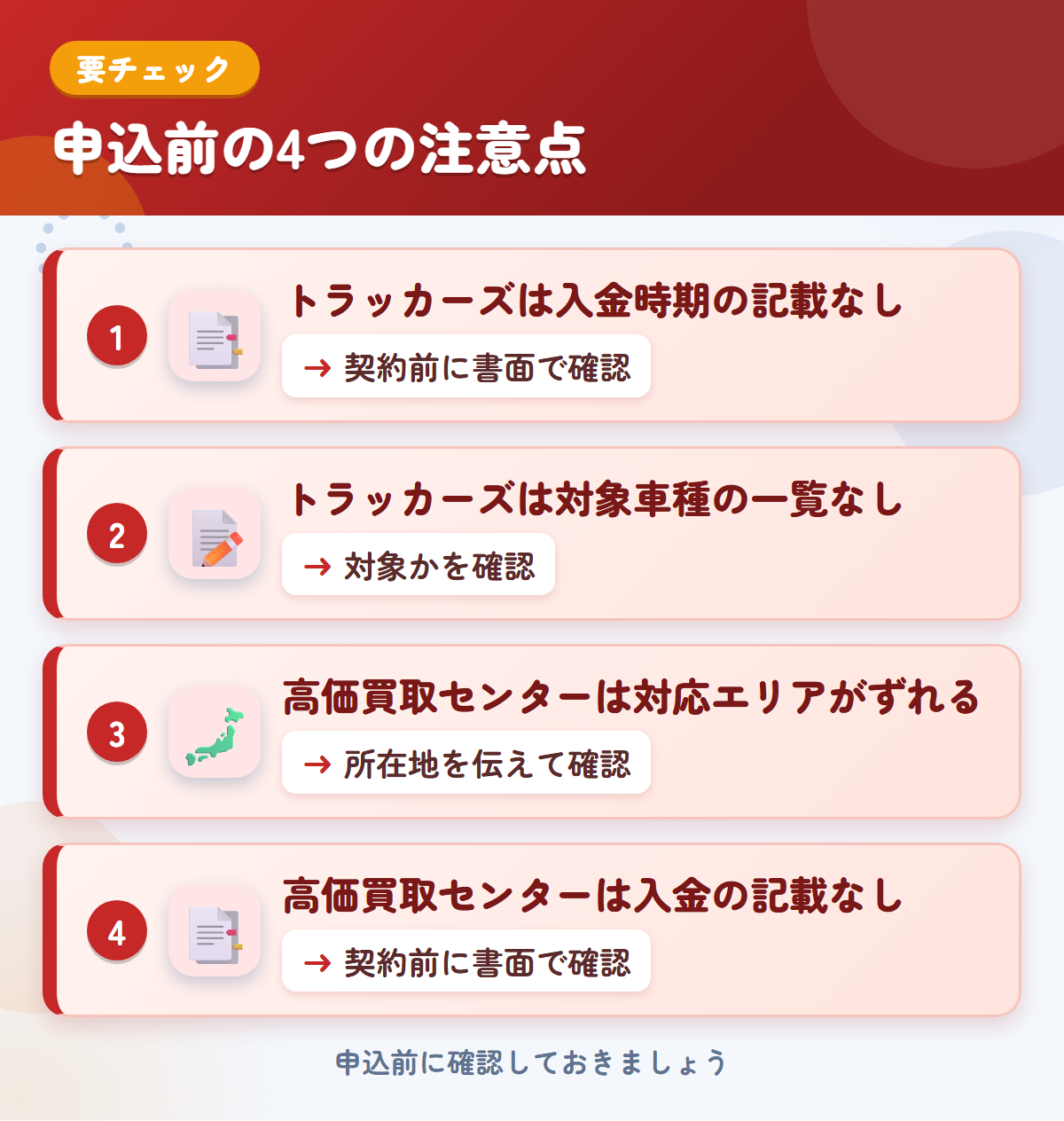 トラッカーズと高価買取センターの申込前の注意点4つ。トラッカーズは入金時期の記載なし、トラッカーズは対象車種の一覧なし、高価買取センターは対応エリアがずれる、高価買取センターは入金の記載なし