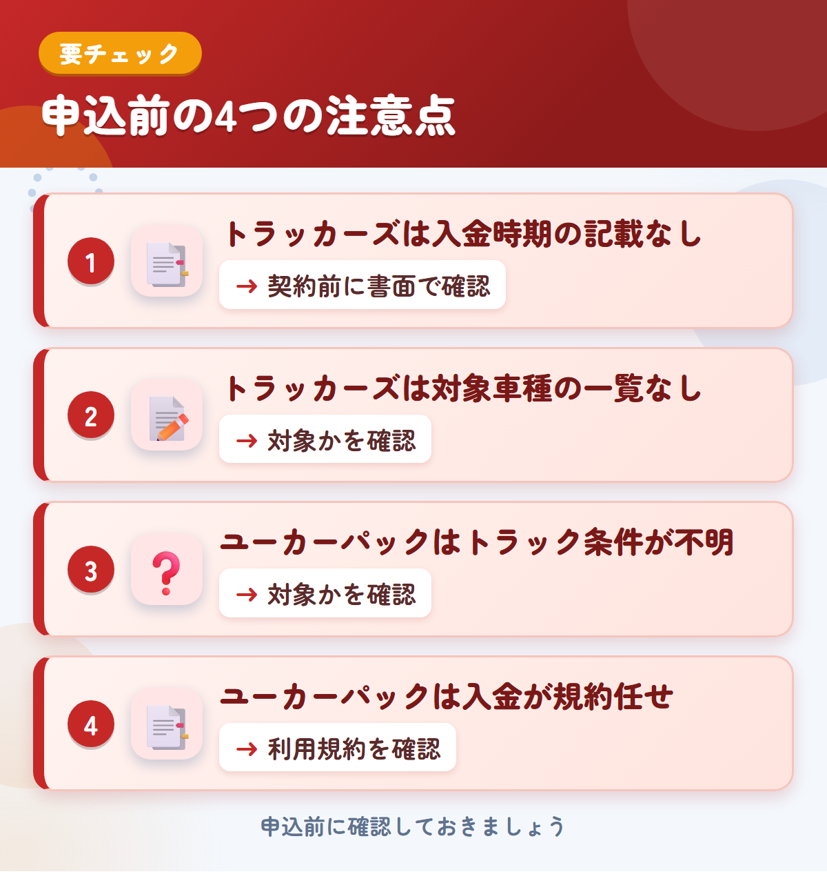 トラッカーズとユーカーパックの申込前の注意点4つ。トラッカーズは入金時期の記載なし、トラッカーズは対象車種の一覧なし、ユーカーパックはトラック条件が不明、ユーカーパックは入金が規約任せ