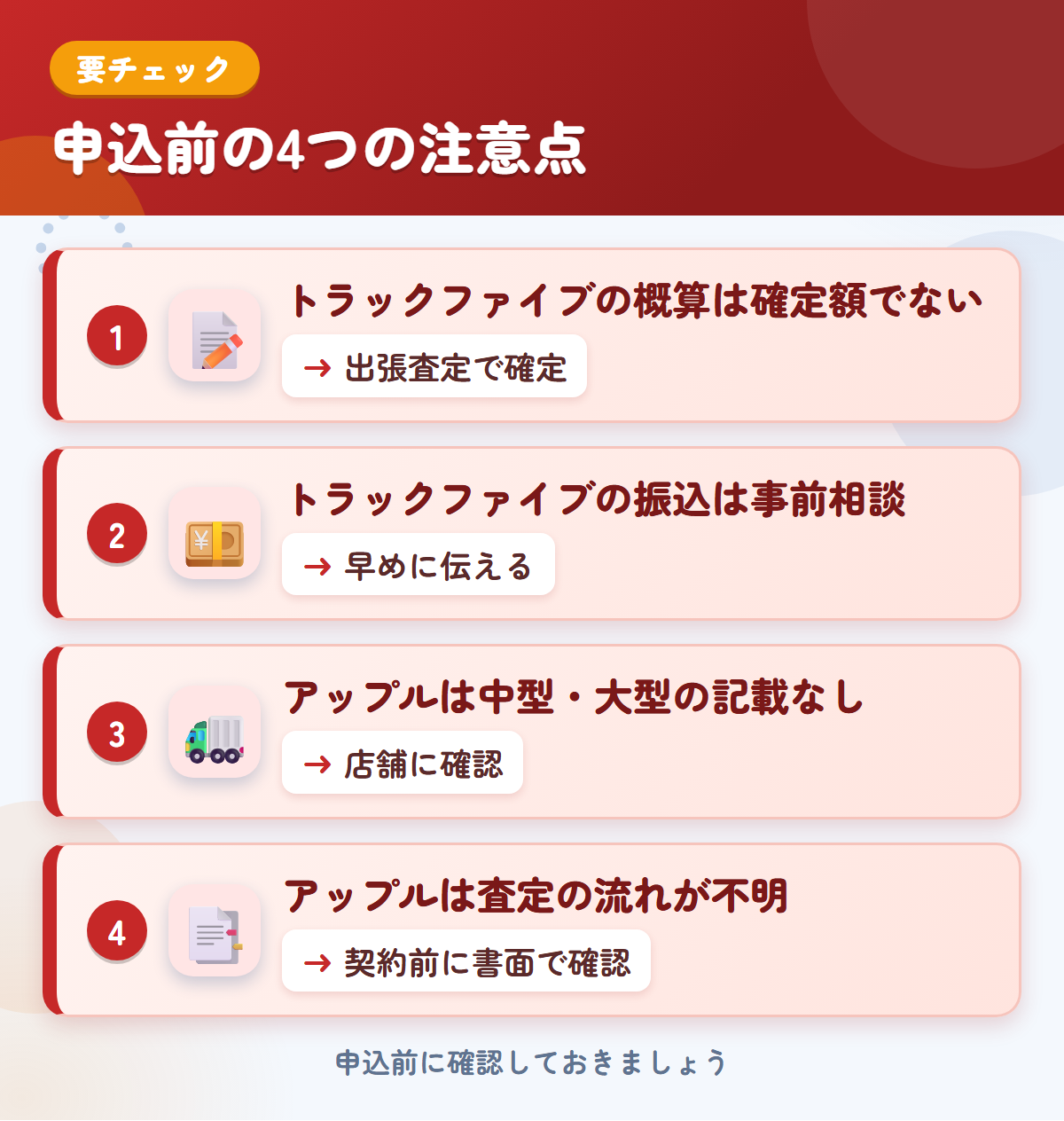 トラックファイブとアップルの申込前の注意点4つ。トラックファイブの概算は確定額ではない、振込は事前相談、アップルは中型・大型の記載がない、査定の流れが不明