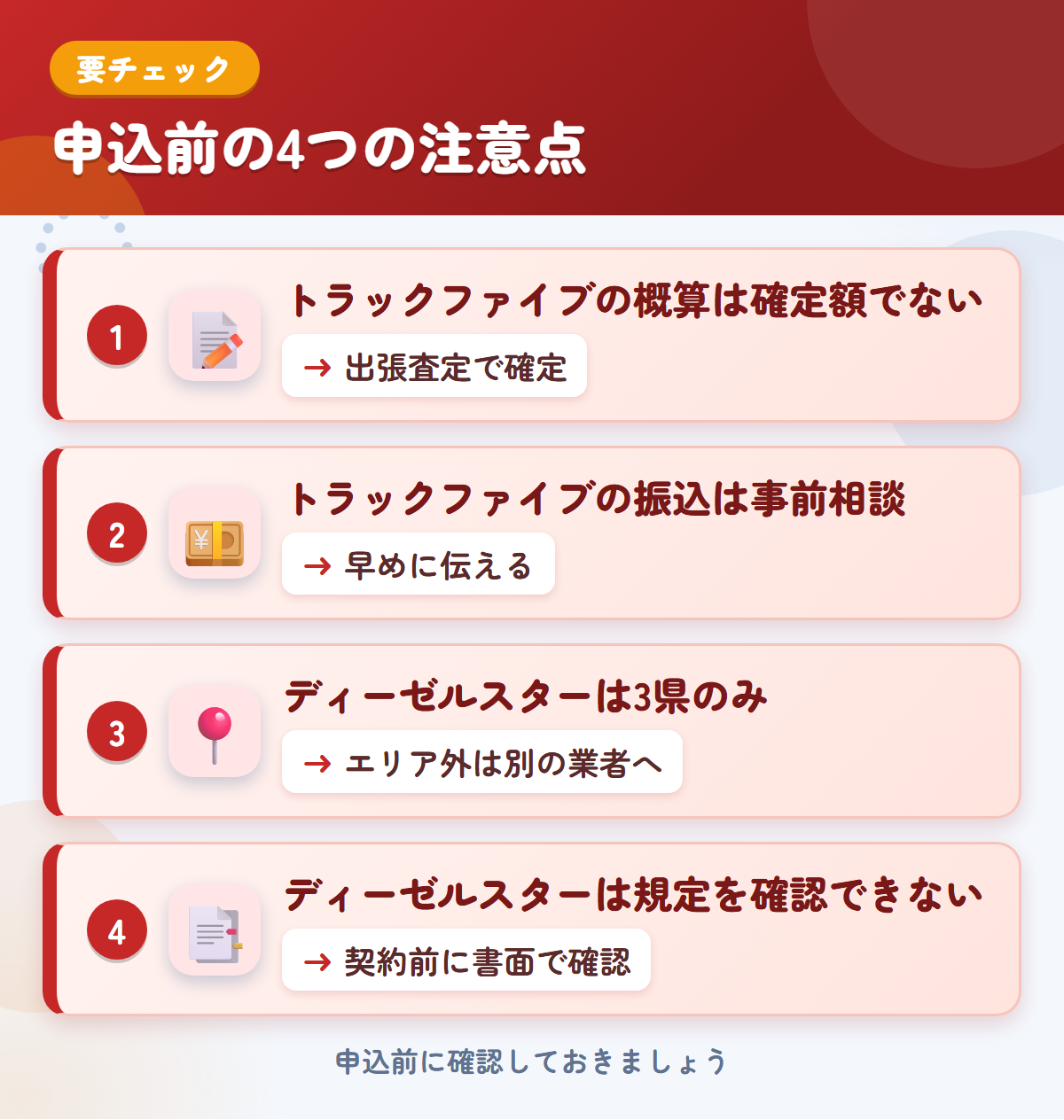 トラックファイブとディーゼルスターの申込前の注意点4つ。トラックファイブの概算は確定額ではない、振込は事前相談、ディーゼルスターは3県のみ、規定を確認できない
