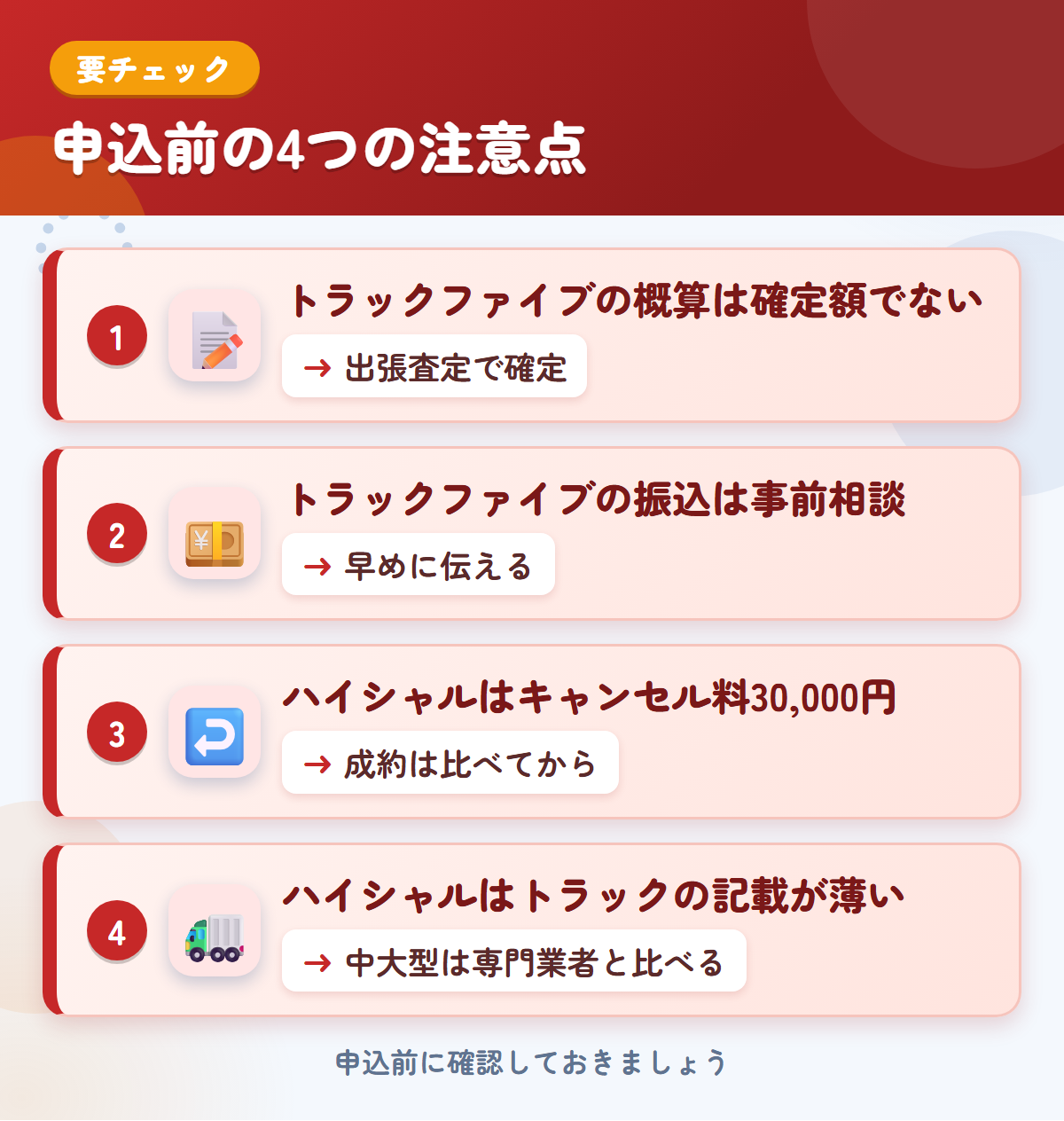 トラックファイブとハイシャルの申込前の注意点4つ。トラックファイブの概算は確定額ではない、振込は事前相談、ハイシャルはキャンセル料30,000円、トラックの記載が薄い