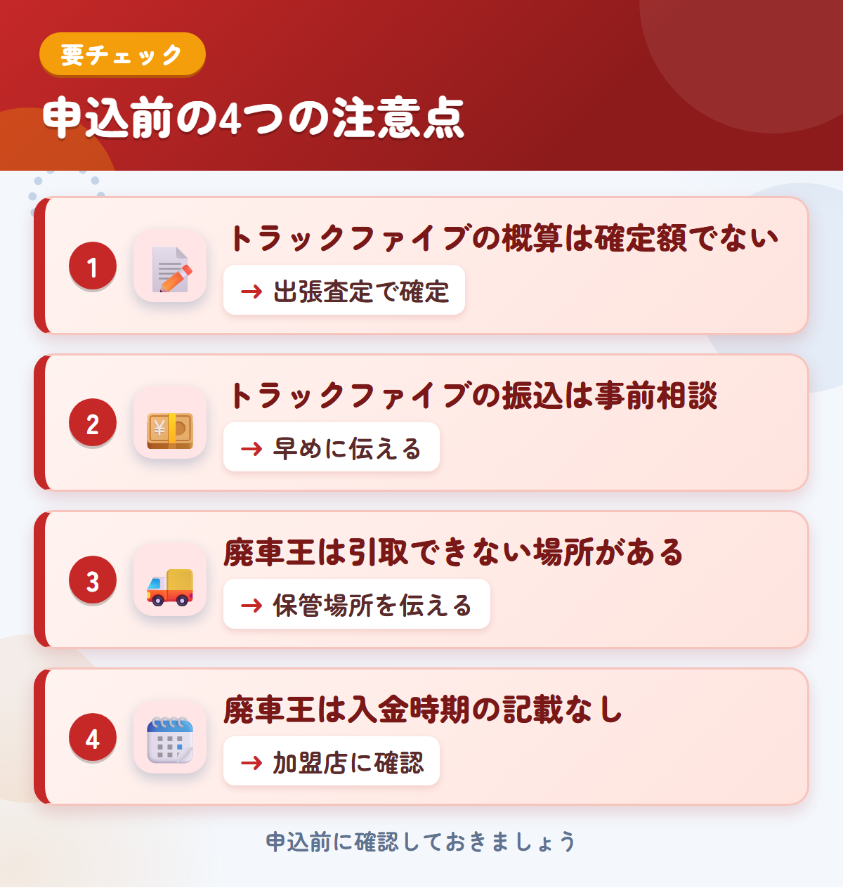 トラックファイブと廃車王の申込前の注意点4つ。トラックファイブの概算は確定額ではない、振込は事前相談、廃車王は引取できない場所がある、入金時期の記載なし
