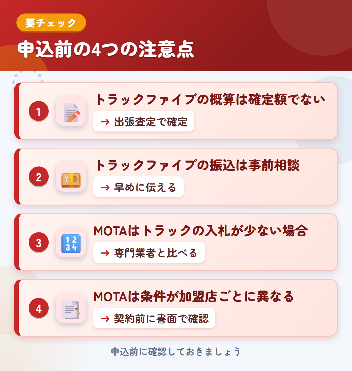 トラックファイブとMOTAの申込前の注意点4つ。トラックファイブの概算は確定額ではない、振込は事前相談、MOTAはトラックの入札が少ない場合、条件が加盟店ごとに異なる