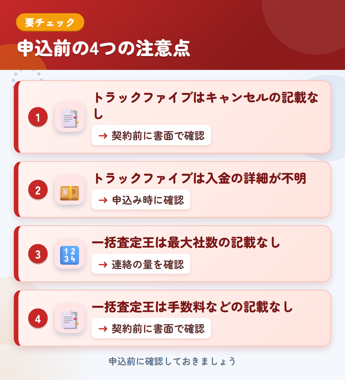 トラックファイブとトラック一括査定王の申込前の注意点4つ。トラックファイブはキャンセル規定の記載がない、入金の詳細が不明、一括査定王は最大社数の記載がない、手数料などの記載なし