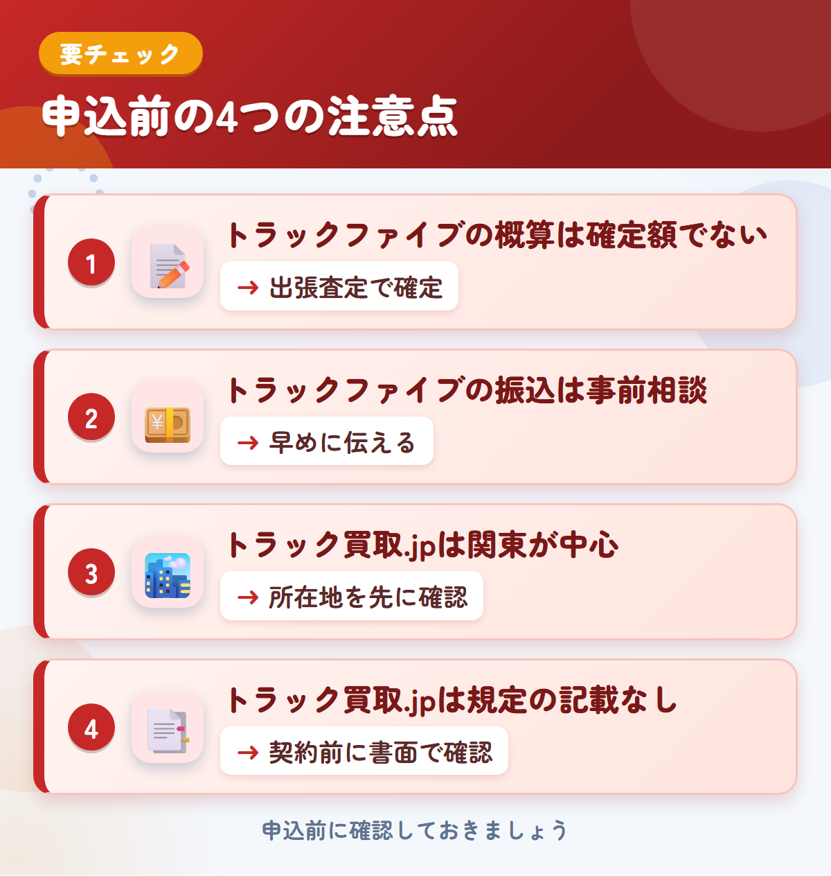 トラックファイブとトラック買取.jpの申込前の注意点4つ。トラックファイブの概算は確定額ではない、振込は事前相談、トラック買取.jpは関東が中心、規定の記載なし