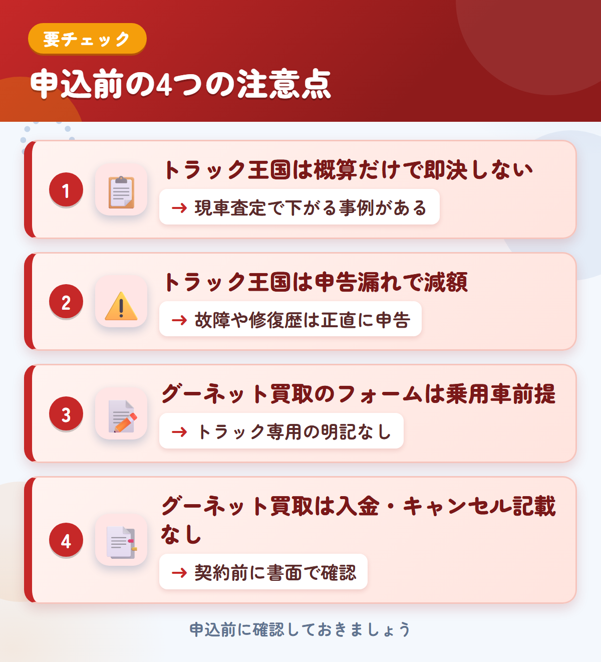トラック王国とグーネット買取の申込前の注意点4つ。概算だけで即決しない、申告漏れで減額、グーネット買取のフォームは乗用車前提、入金・キャンセルの記載なし