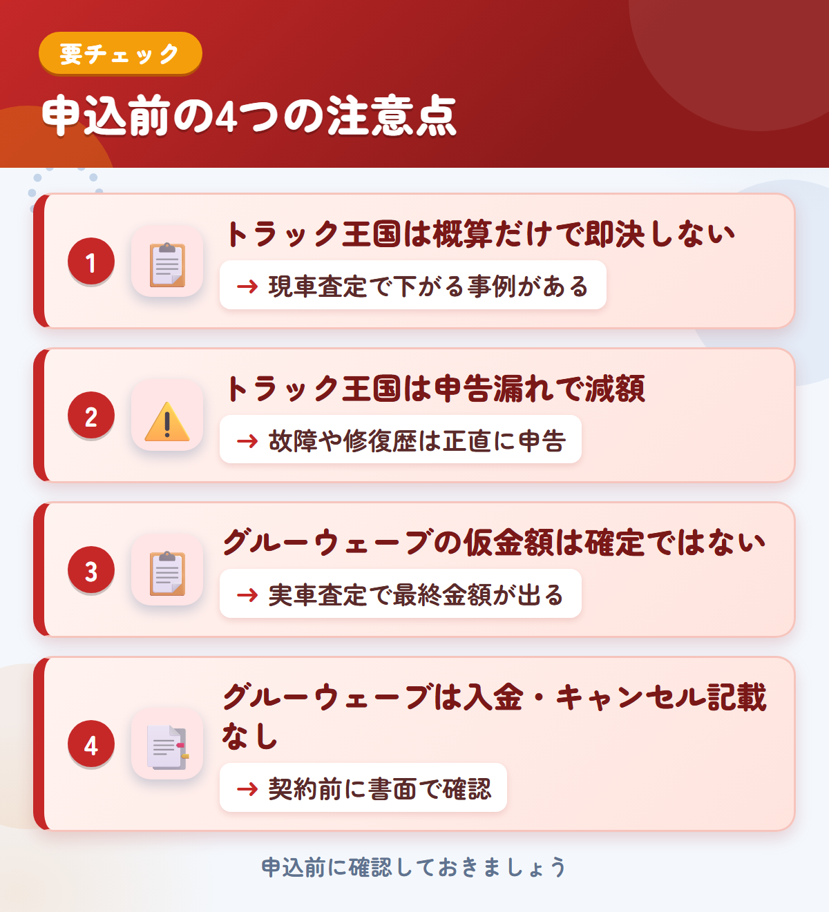 トラック王国とグルーウェーブの申込前の注意点4つ。概算だけで即決しない、申告漏れで減額、グルーウェーブの仮金額は確定ではない、入金・キャンセルの記載なし