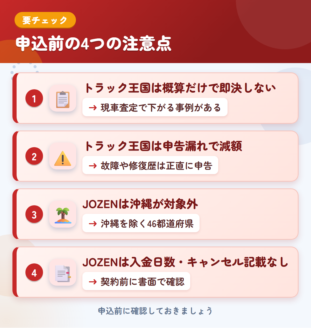 トラック王国とJOZEN買取の申込前の注意点4つ。概算だけで即決しない、申告漏れで減額、JOZENは沖縄が対象外、入金日数・キャンセルの記載なし