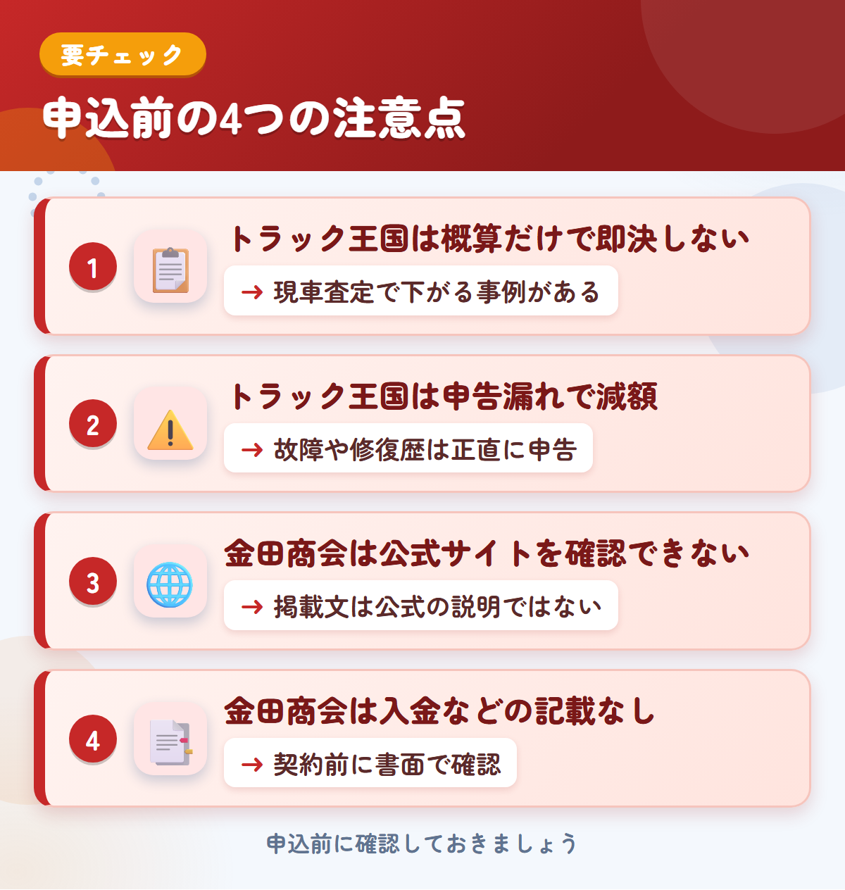 トラック王国と金田商会の申込前の注意点4つ。概算だけで即決しない、申告漏れで減額、金田商会は公式サイトを確認できない、入金などの記載なし