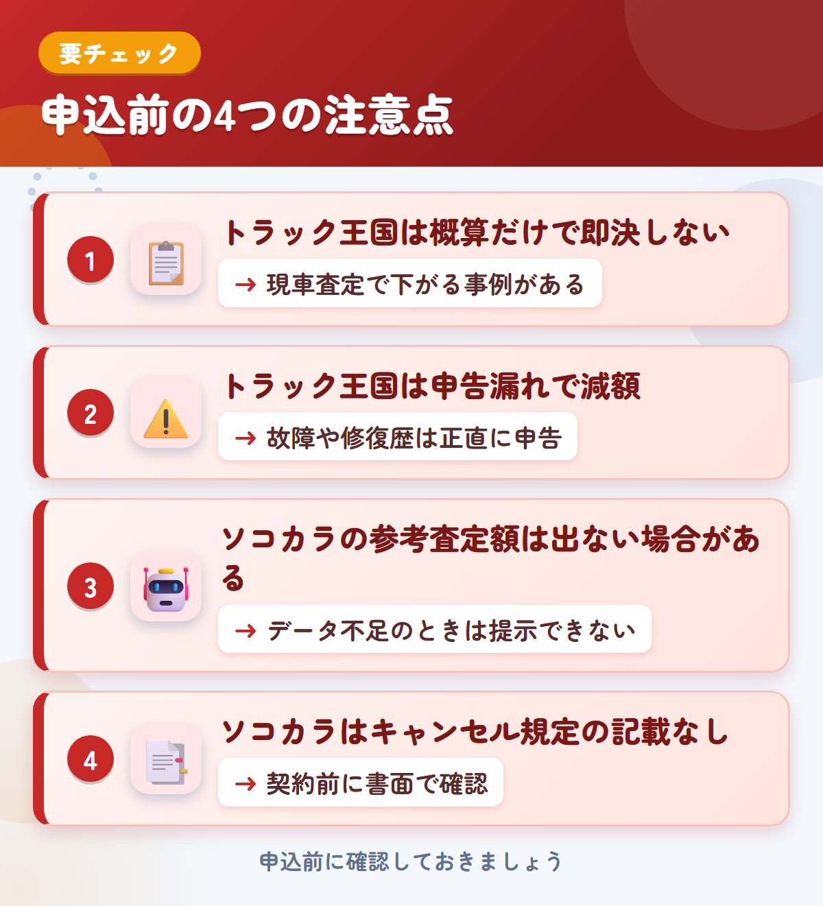 トラック王国とソコカラの申込前の注意点4つ。概算だけで即決しない、申告漏れで減額、ソコカラの参考査定額は出ない場合がある、キャンセル規定の記載なし