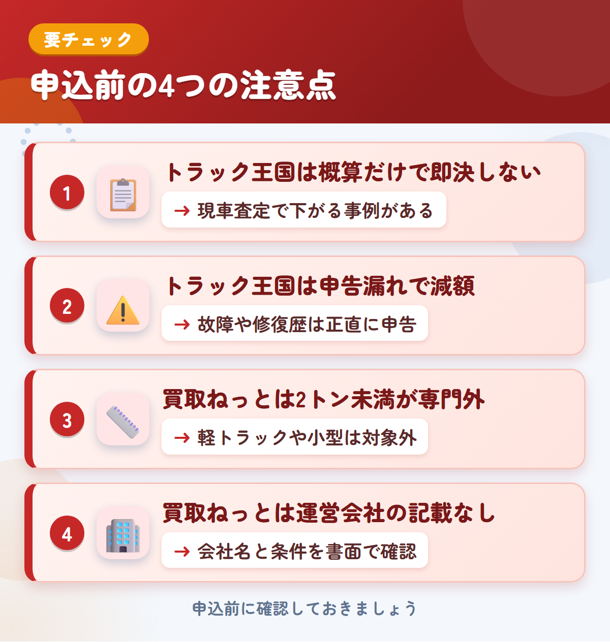 トラック王国とトラック買取ねっとの申込前の注意点4つ。概算だけで即決しない、申告漏れで減額、買取ねっとは2トン未満が専門外、運営会社の記載なし