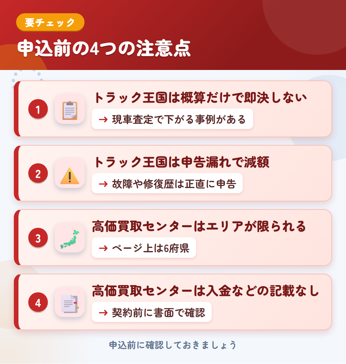 トラック王国とトラック高価買取センターの申込前の注意点4つ。概算だけで即決しない、申告漏れで減額、高価買取センターはエリアが限られる、入金などの記載なし