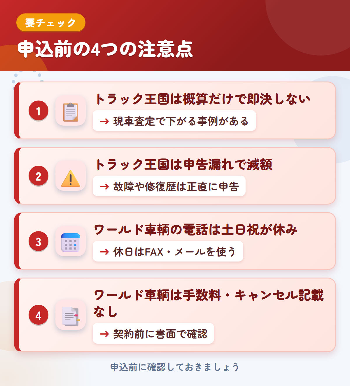 トラック王国とワールド車輌の申込前の注意点4つ。概算だけで即決しない、申告漏れで減額、ワールド車輌の電話は土日祝が休み、手数料・キャンセルの記載なし