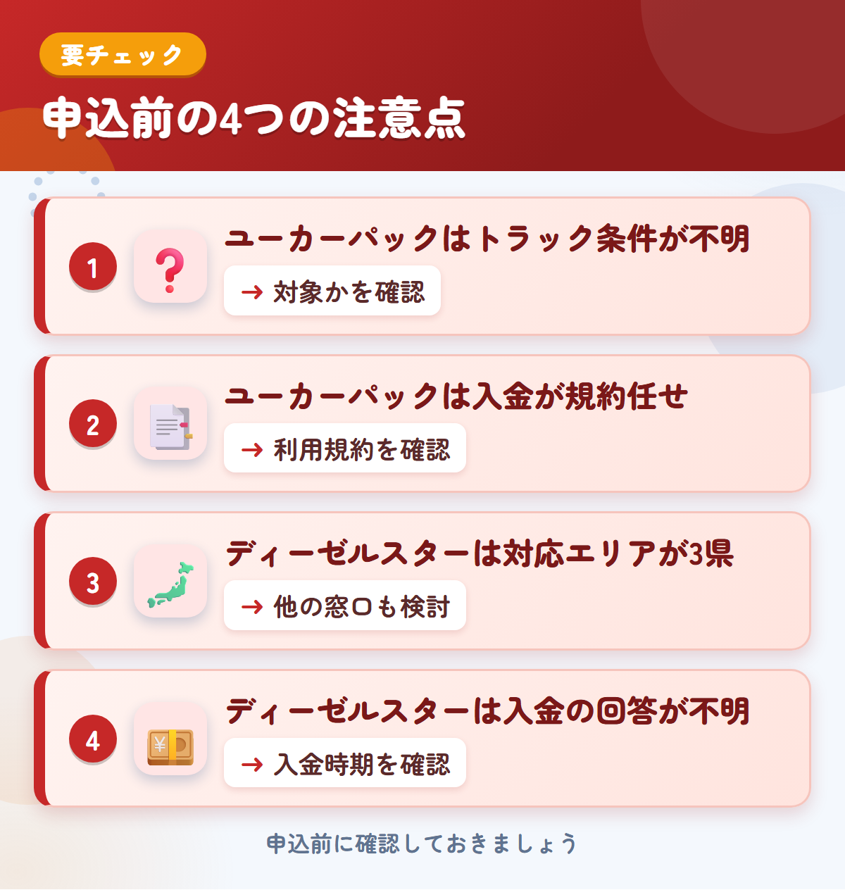 ユーカーパックとディーゼルスターの申込前の注意点4つ。ユーカーパックはトラック条件が不明、ユーカーパックは入金が規約任せ、ディーゼルスターは対応エリアが3県、ディーゼルスターは入金の回答が不明