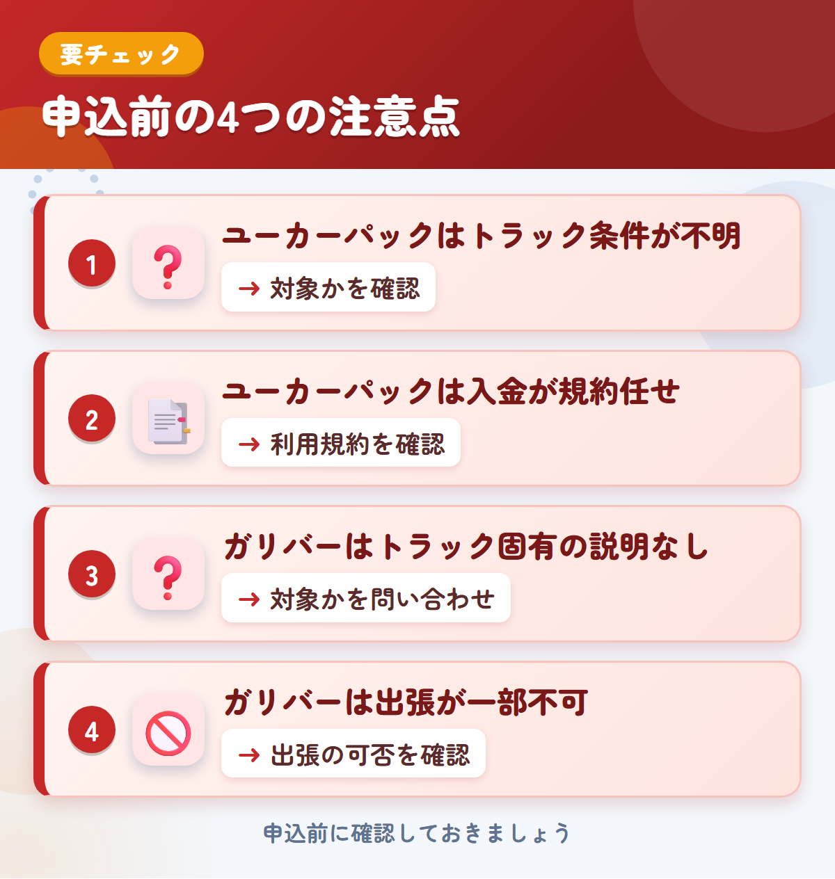 ユーカーパックとガリバーの申込前の注意点4つ。ユーカーパックはトラック条件が不明、ユーカーパックは入金が規約任せ、ガリバーはトラック固有の説明なし、ガリバーは出張が一部不可